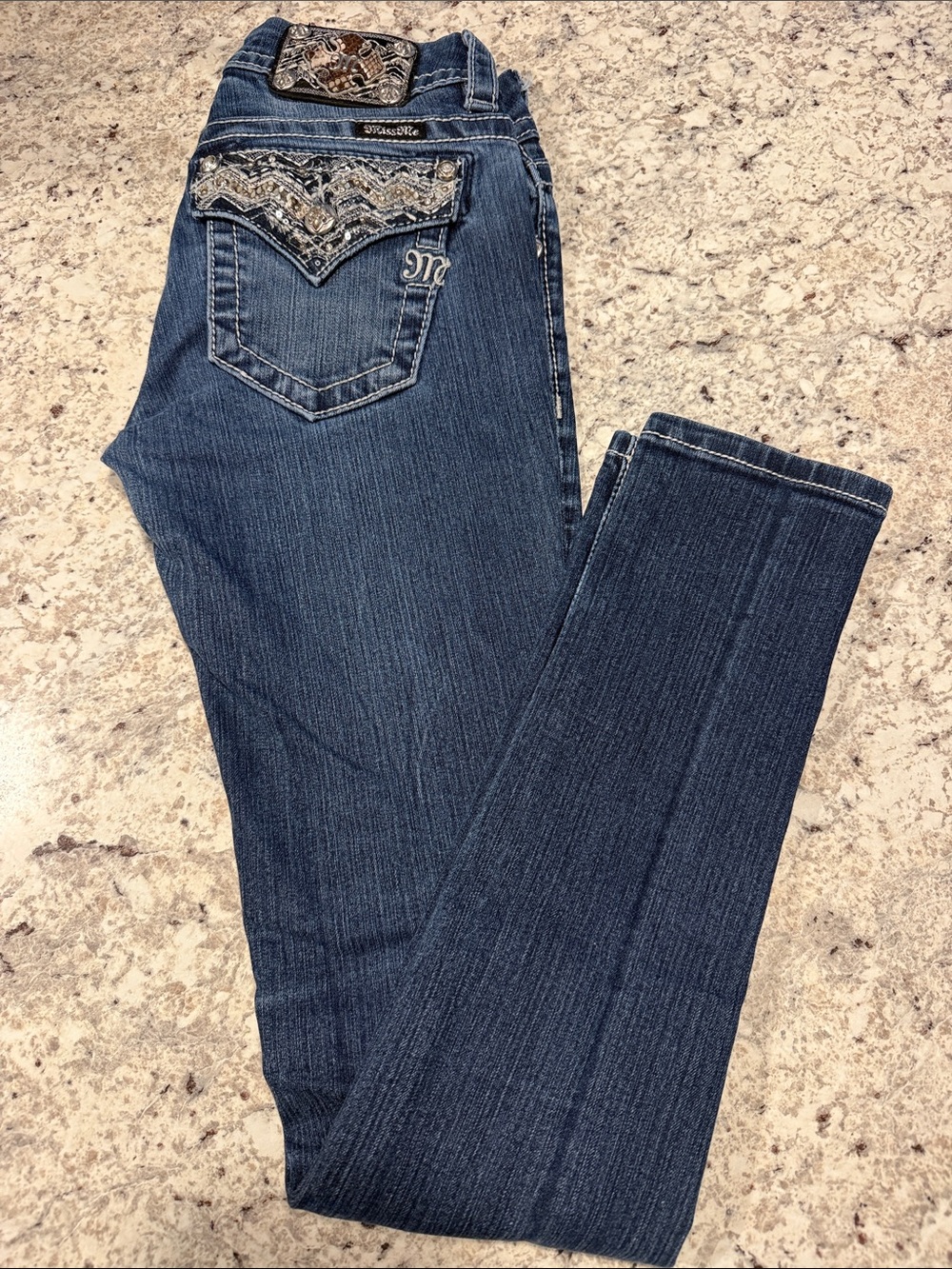 Miss Me Dark Blue Skinny Jeans with Embellished Back Pockets